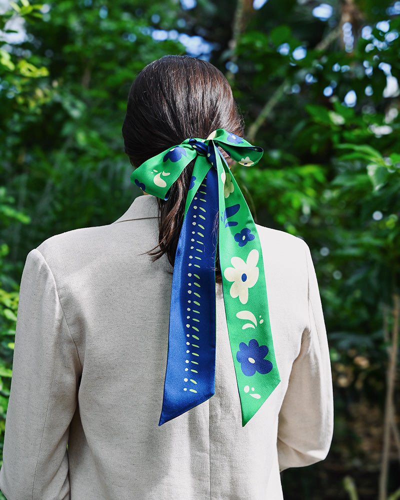 Accessoire Femme vert bleu Bandeau cheveux Foulard en soie luxe Fleure